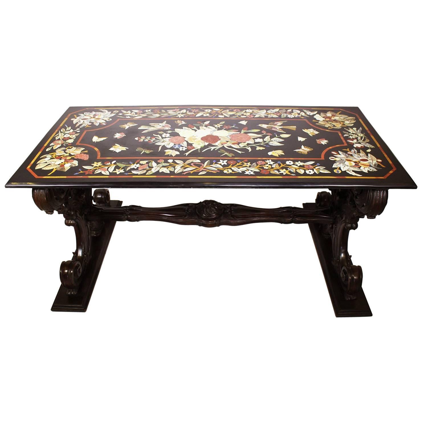 Large Italian Baroque Carved Walnut Pedestal Table Base with a "Pietra Dura" Top For Sale