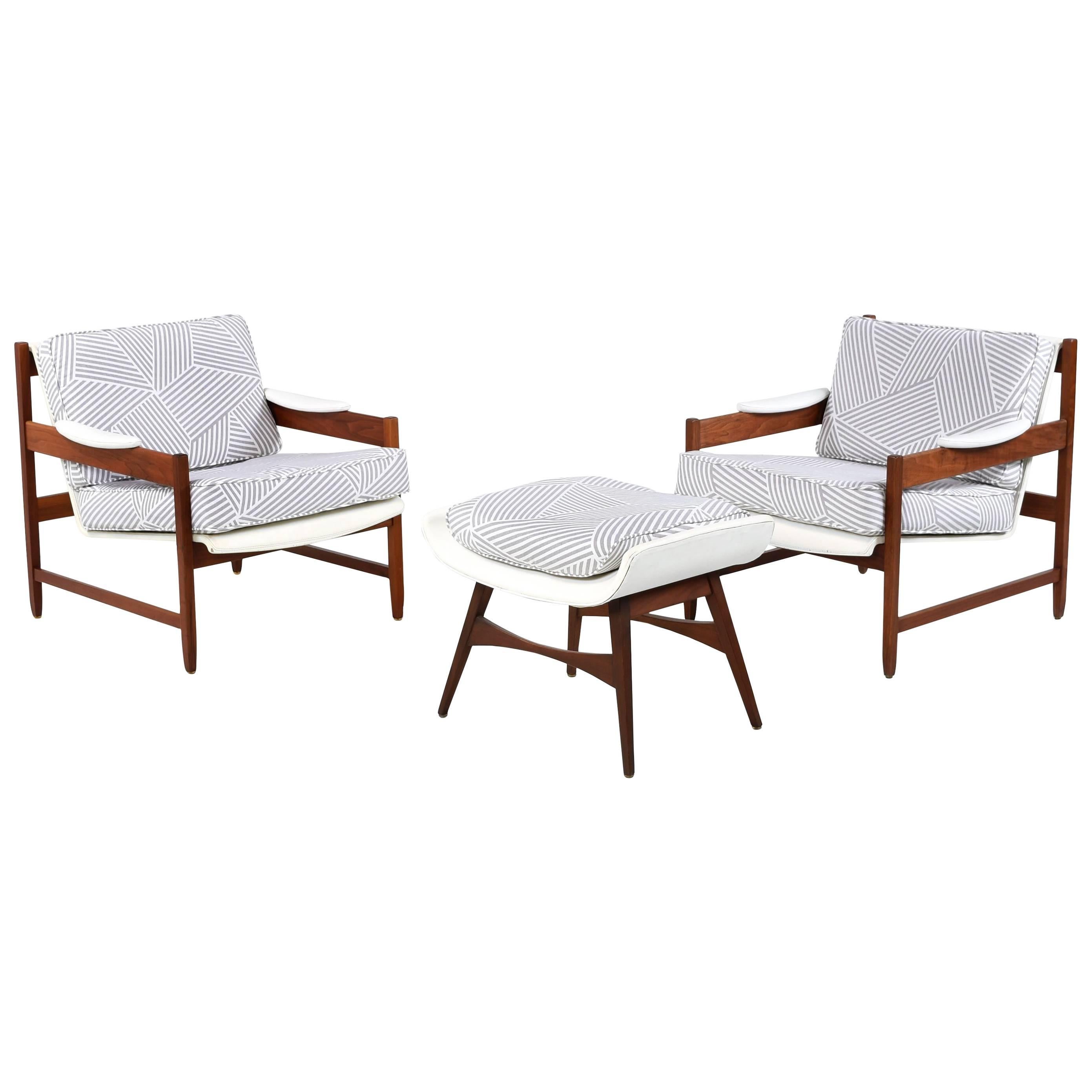 Pair of 60's Vintage Walnut Lounge Chairs & Ottoman w/ White Vinyl Accents