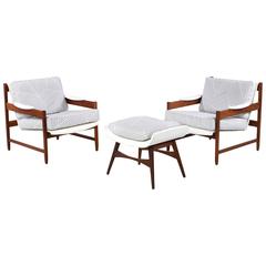 Pair of 60's Retro Walnut Lounge Chairs & Ottoman w/ White Vinyl Accents