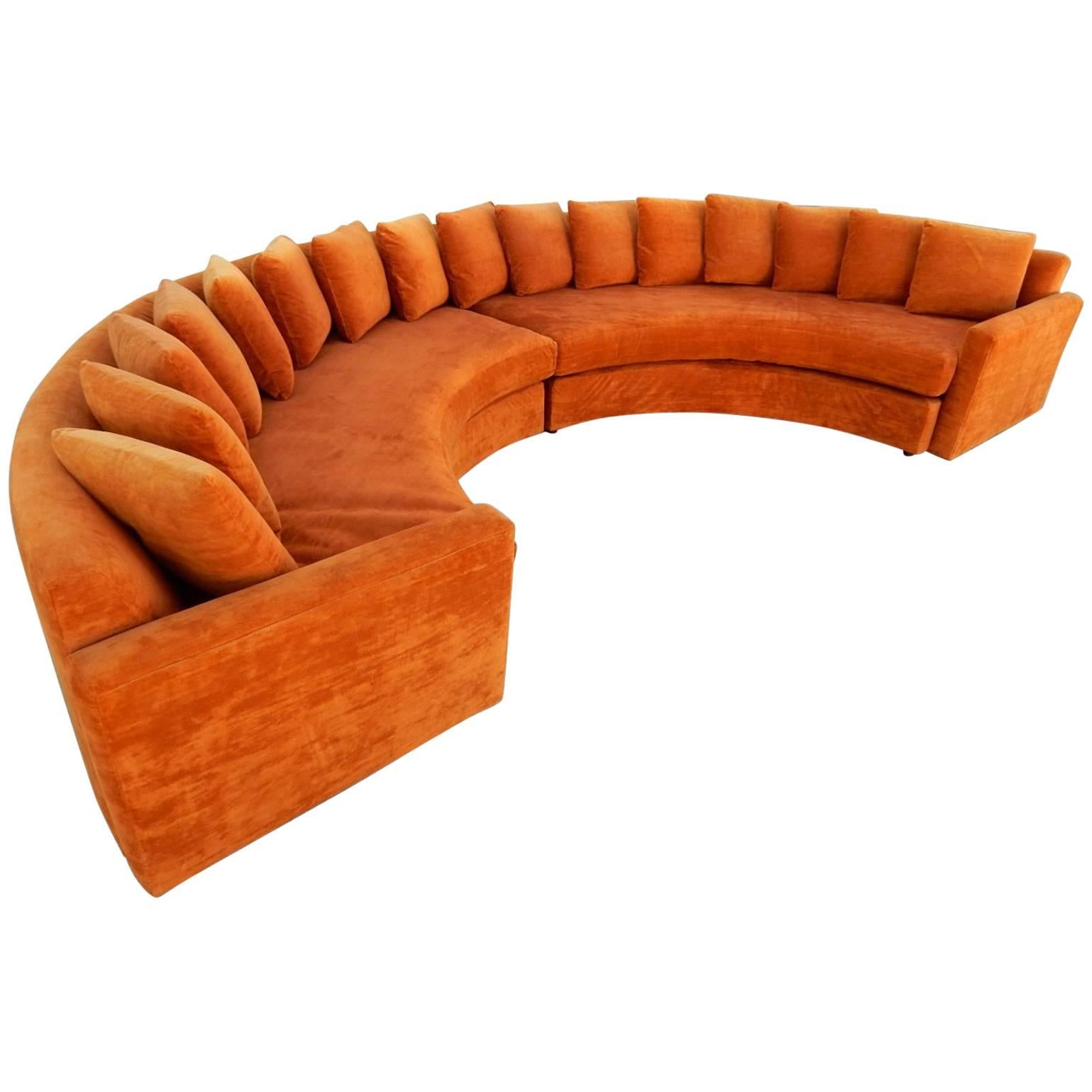 Mid-Century Modern Orange Velvet Semi Circle Sofa