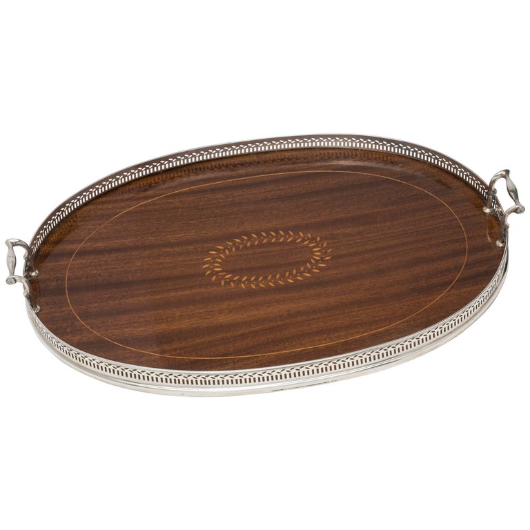Large Sterling Silver Mounted Wood Gallery Tray, Tiffany and Co For
