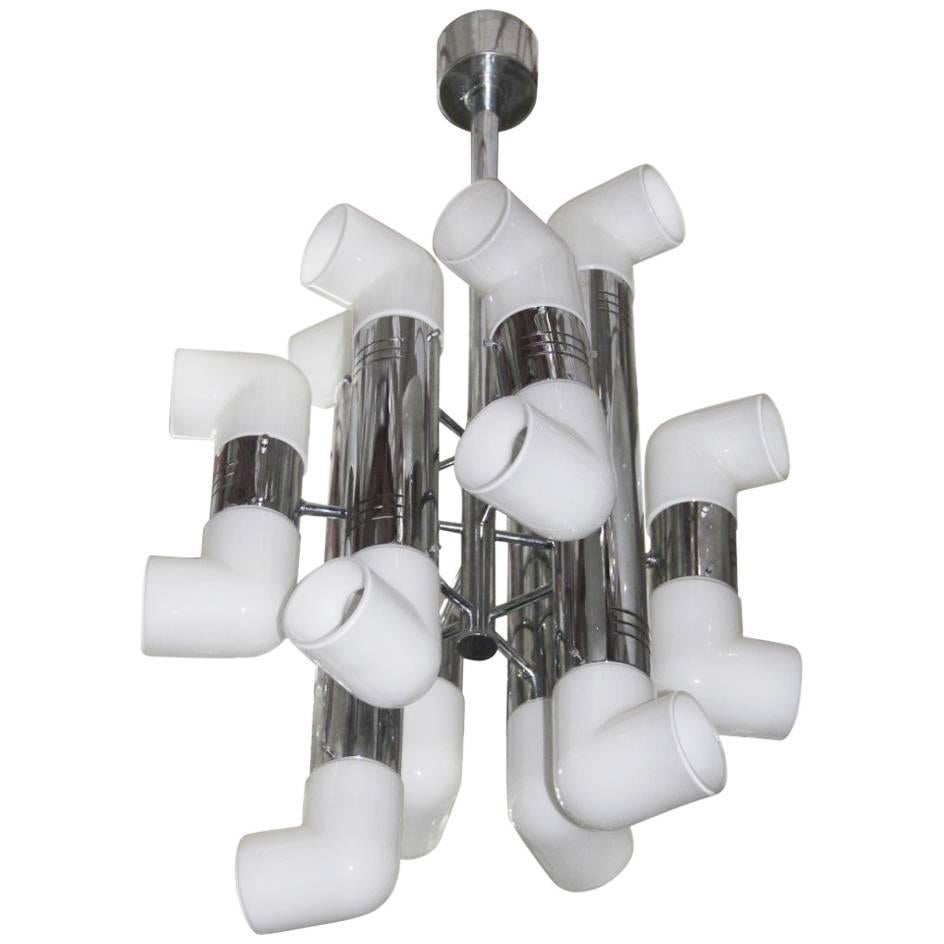 Chandelier in Chrome Murano Glass White Color Pop Art Italian Design, 1970