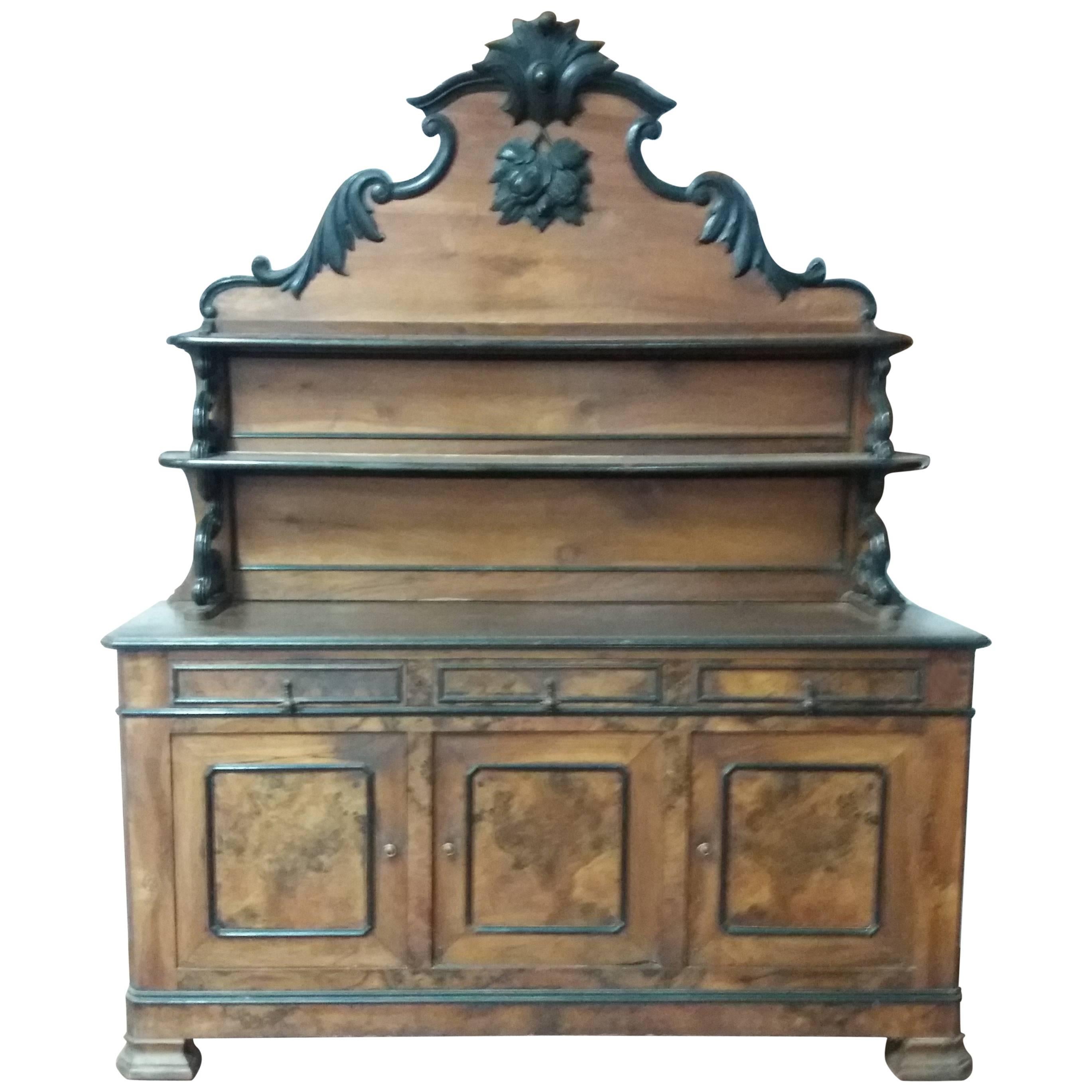 19th Century Louis Philippe Walnut Root Three Doors Credenza, 1850 For Sale