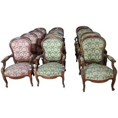 19th Century Louise Philippe Walnut, Green and Red Fabric French Armchairs