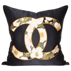 Large Vintage Black Chanel Silk Scarf and Irish Linen Cushion 12