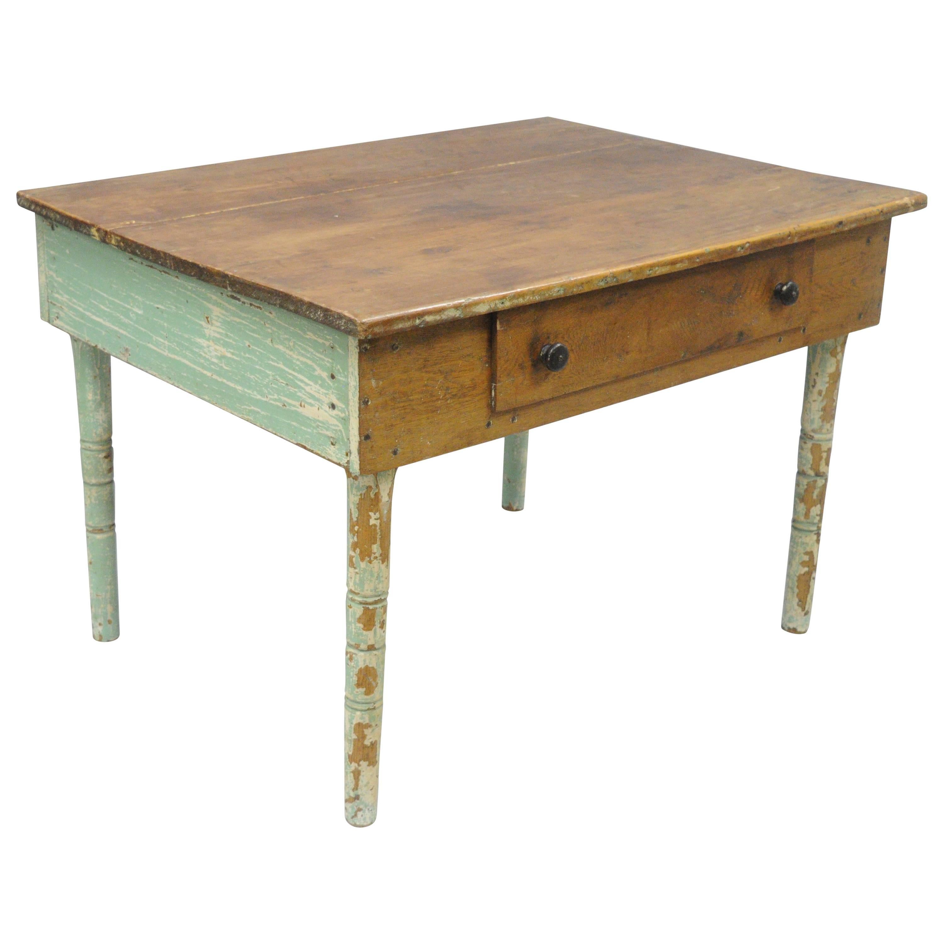 American Primitive Blue Green Distress Painted Rustic Barn Wood Farm Work Table For Sale