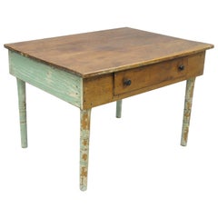 American Primitive Blue Green Distress Painted Rustic Barn Wood Farm Work Table