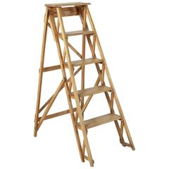 Used Mid-20th Century French Beechwood and Iron Folding Library Ladder, Display Shelf