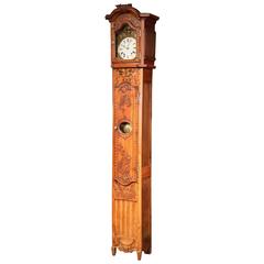  18th Century, French, Louis XV Carved Walnut Tall Case Clock with Inlay Design