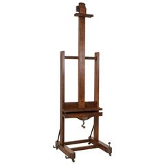Rare Adjustable Two Ways 19th Century French Oak Floor Easel with Double Crank
