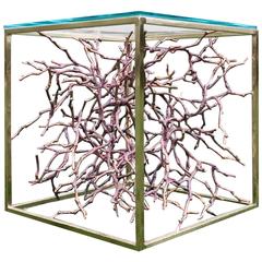 Cast Bronze Magnolia Twigs with Brass Frame Side Table