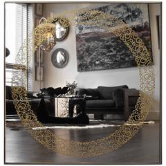 Cooper Mirror with 24-Carats Gold Hand-Guilded Etched Pattern and Brass Frame