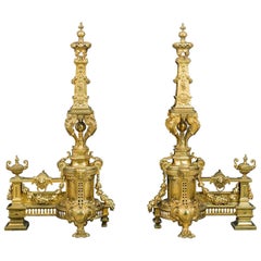Elaborate Pair of Tall 19th Century Gilt Brass Chenet