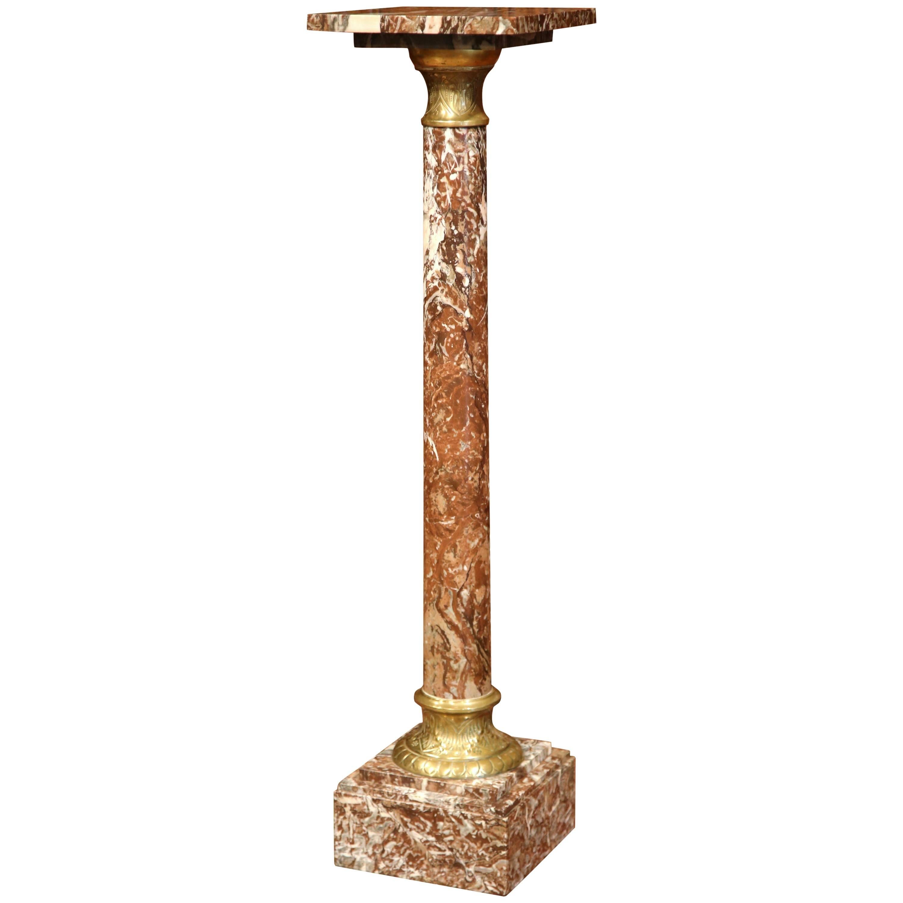 19th Century French Red Marble Pedestal with Square Swivel Top and Brass Rings