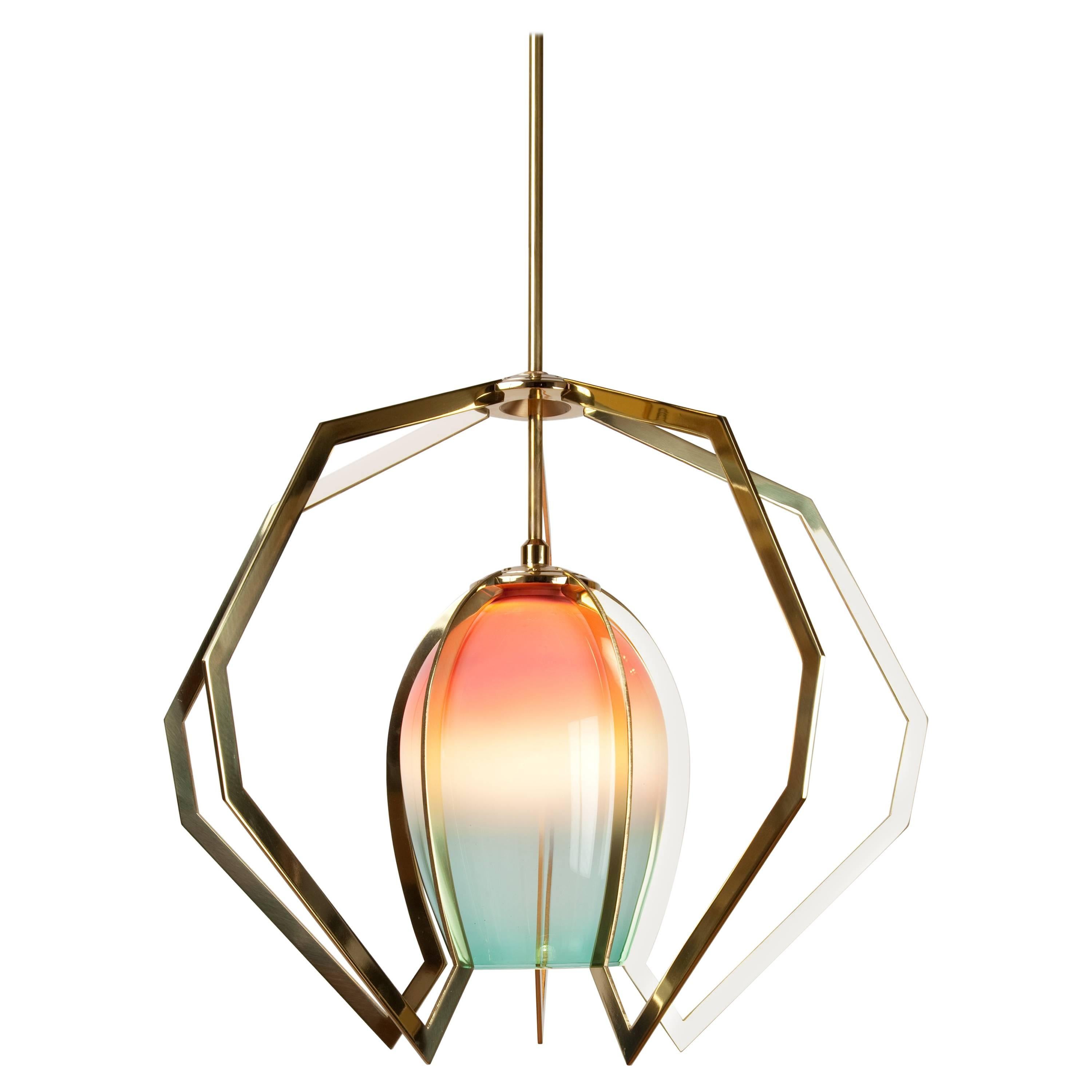 Bec Brittain Vise, Double Fade Handblown Glass and Brass Chandelier For Sale