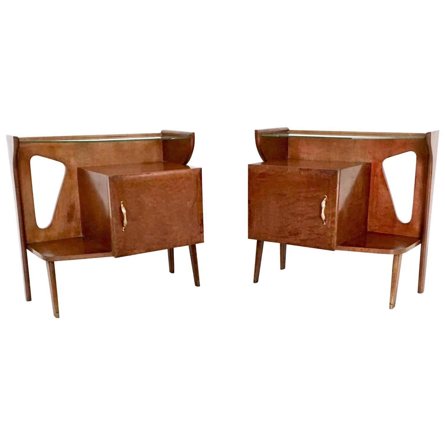 Pair of Beautiful Briar and Glass Pair of Nightstands, Italy, 1950s