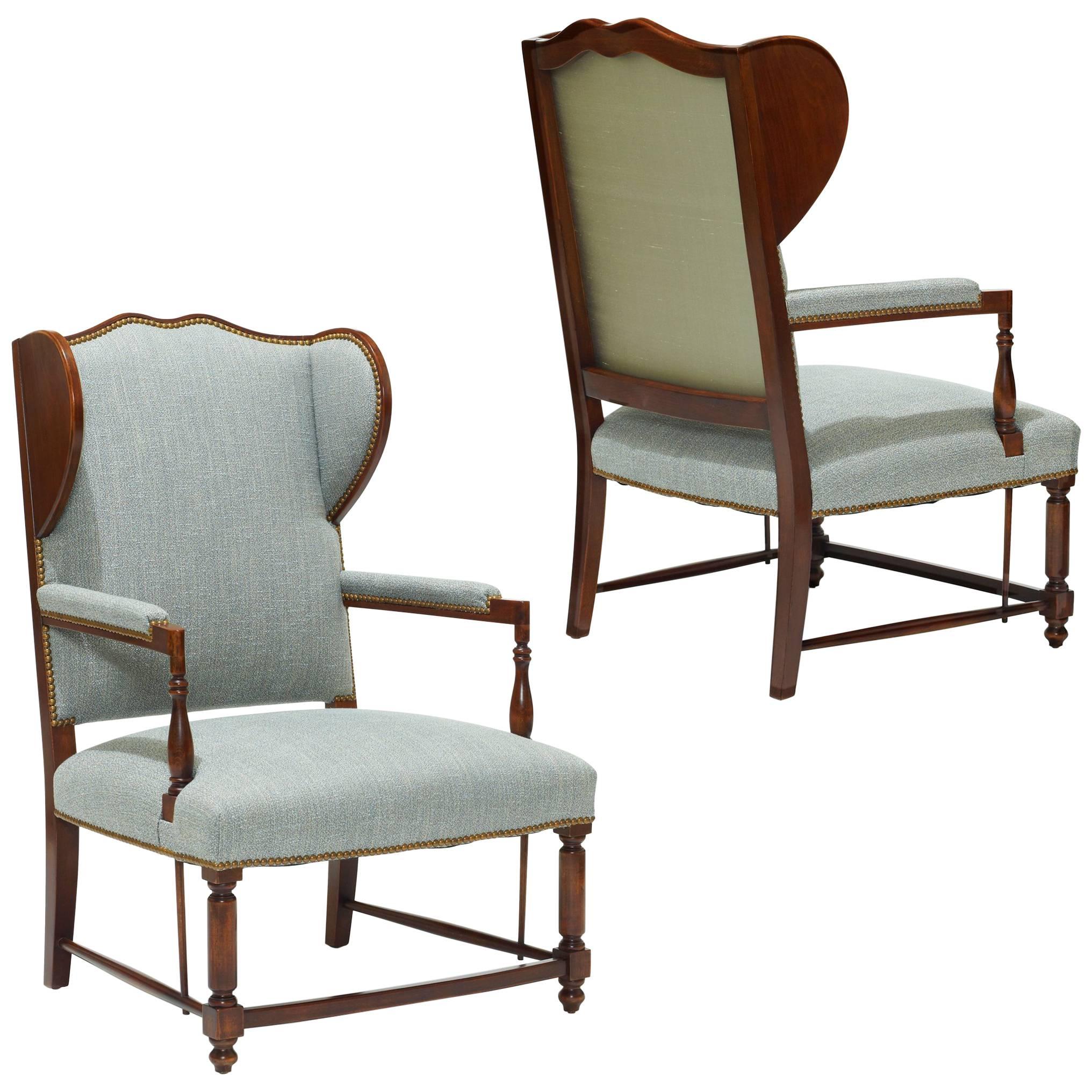 Swedish Art Deco Reinterpretations of Traditional Winged Back Chairs in Birch For Sale