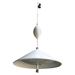 Lampe suspendue en métal blanc et verre de Lightolier des années 1970 sur pied