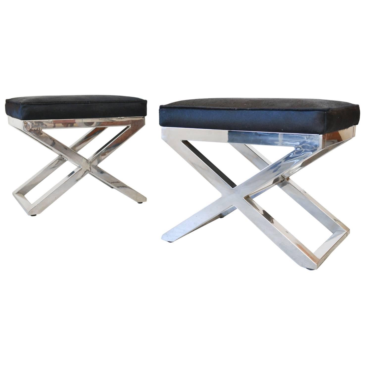 Pair of Chrome X-Base Stools with Cowhide Seats