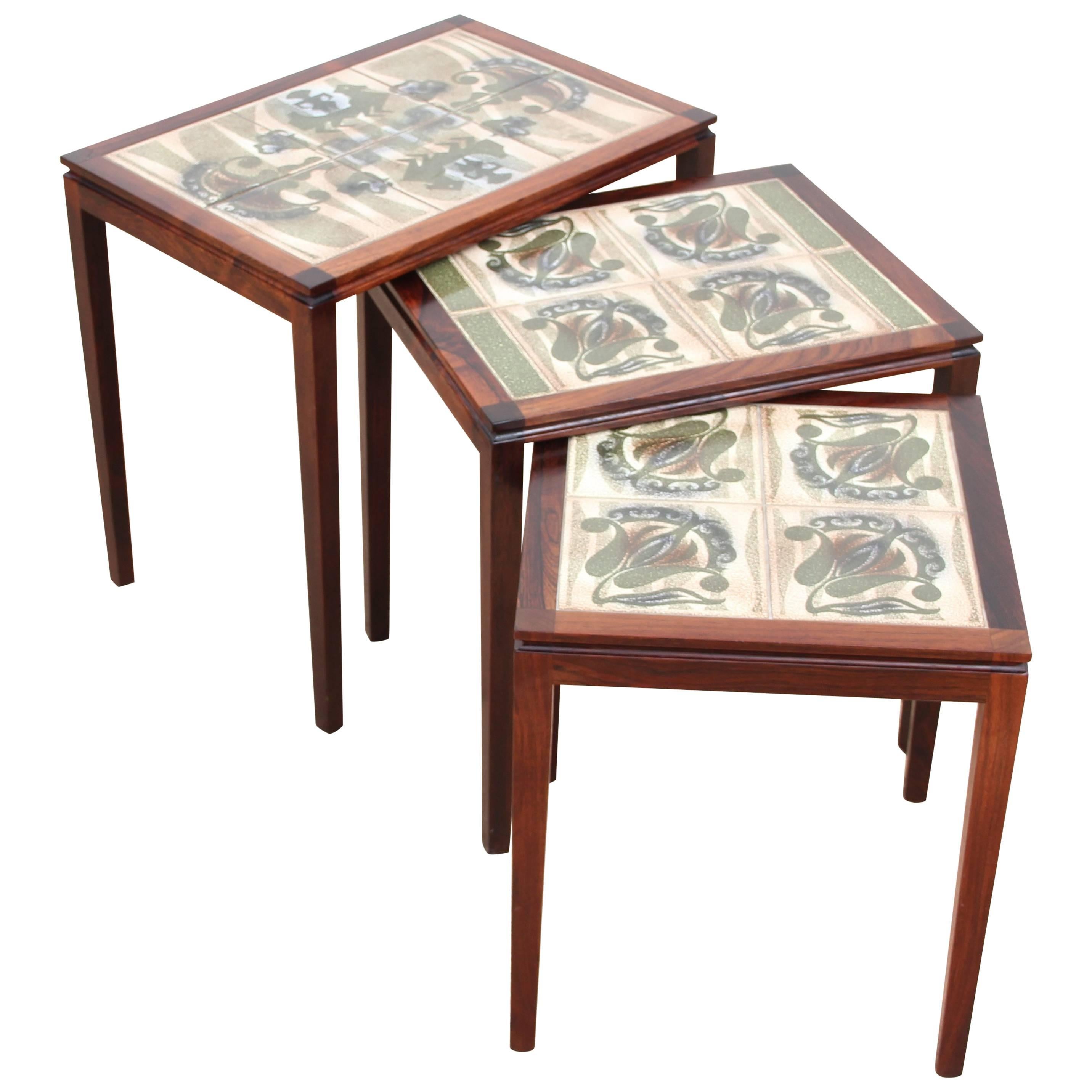 Mid-Century Modern Scandinavian Nesting Tables in Rio Rosewood and Ceramic Tale