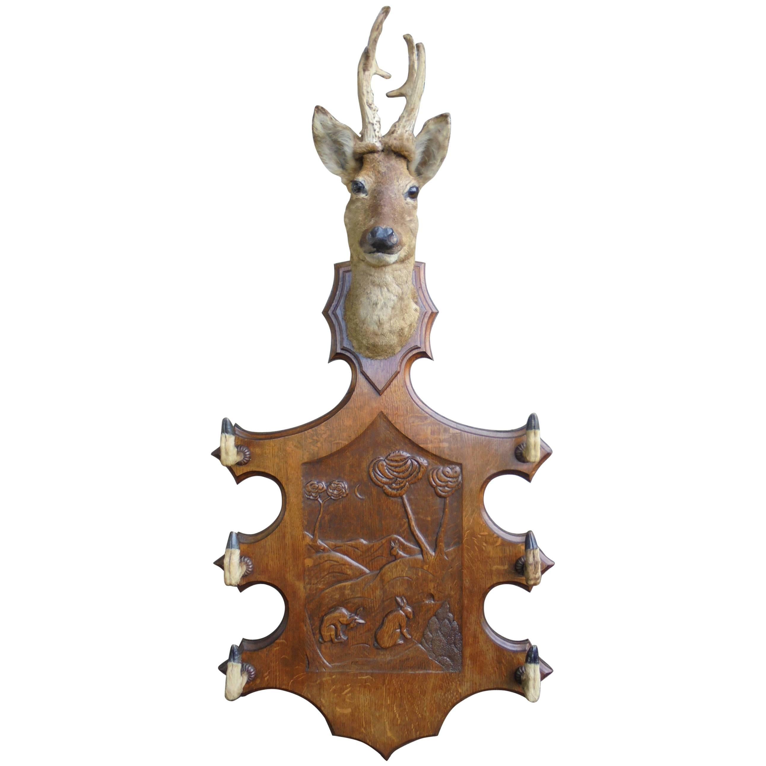 Antique Oak and Taxidermy Wall Mounting Hat Coat Rack