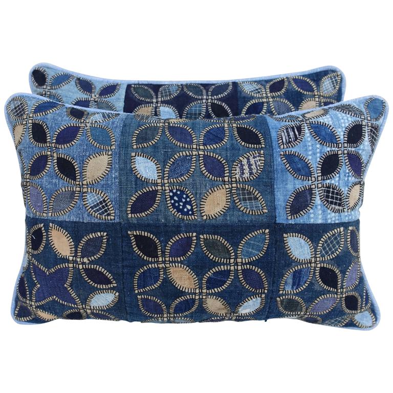 Pair of Custom Blue Cotton Quilted Pillows with Linen Backs For Sale at