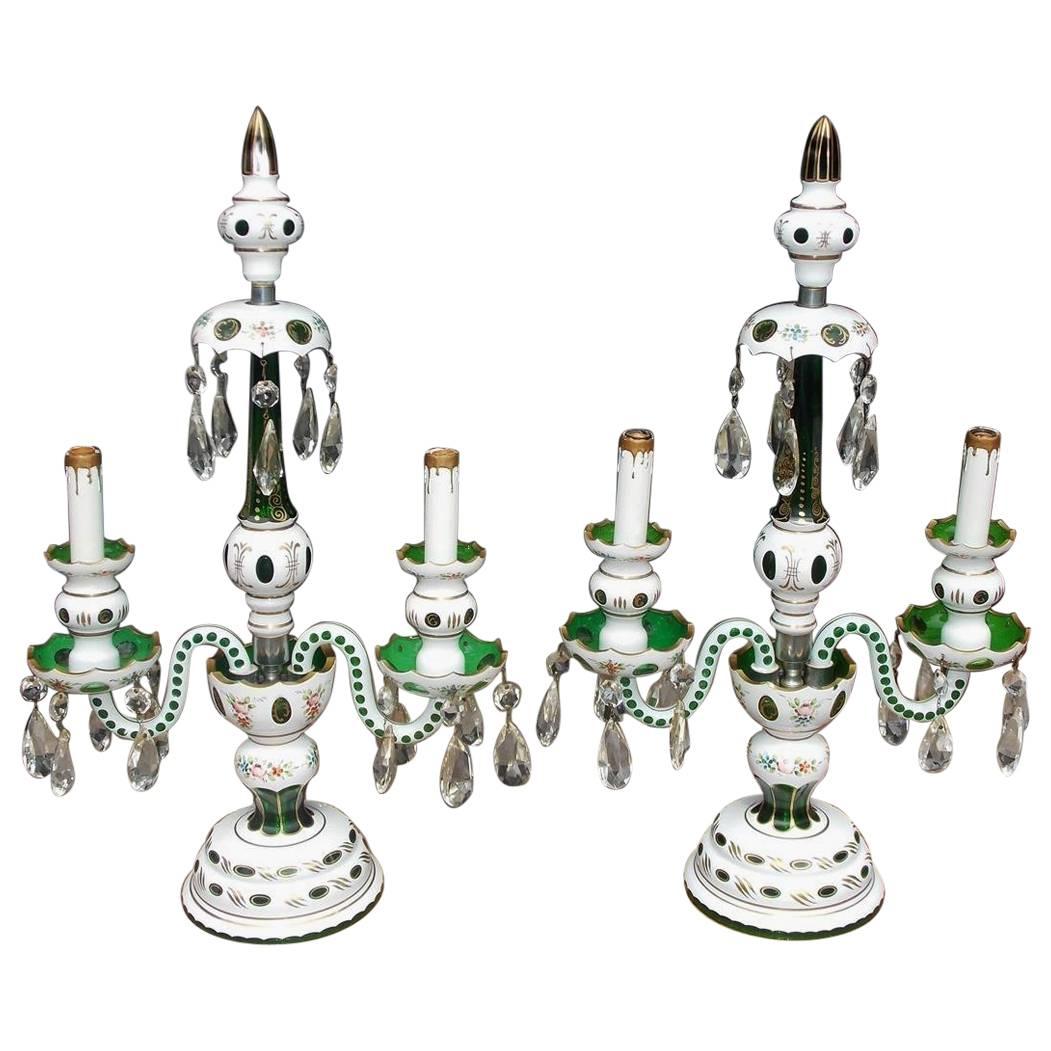 Pair of Bohemian Emerald Green Crystal and Glass Floral Table Lamps, Circa 1900