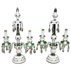Antique Pair of Bohemian Emerald Green Crystal and Glass Floral Table Lamps, Circa 1900