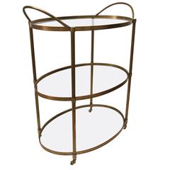 Mid-Century Modern Style, Three-Tier Oval Brass Bar Cart with Glass Shelves