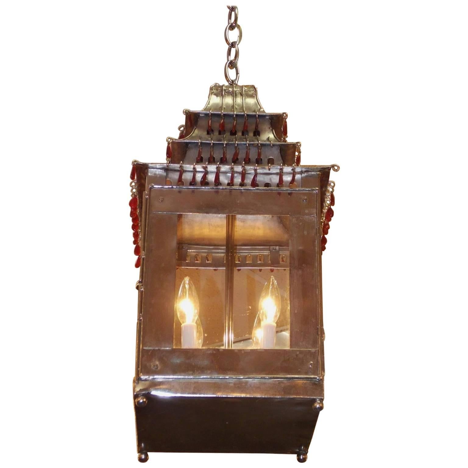 French Tin and Silver Hand-Painted Pagoda Hanging Lantern, Circa 1850 For Sale