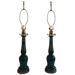 Pair of Hollywood Regency Green Glass Urn Form Table Lamps