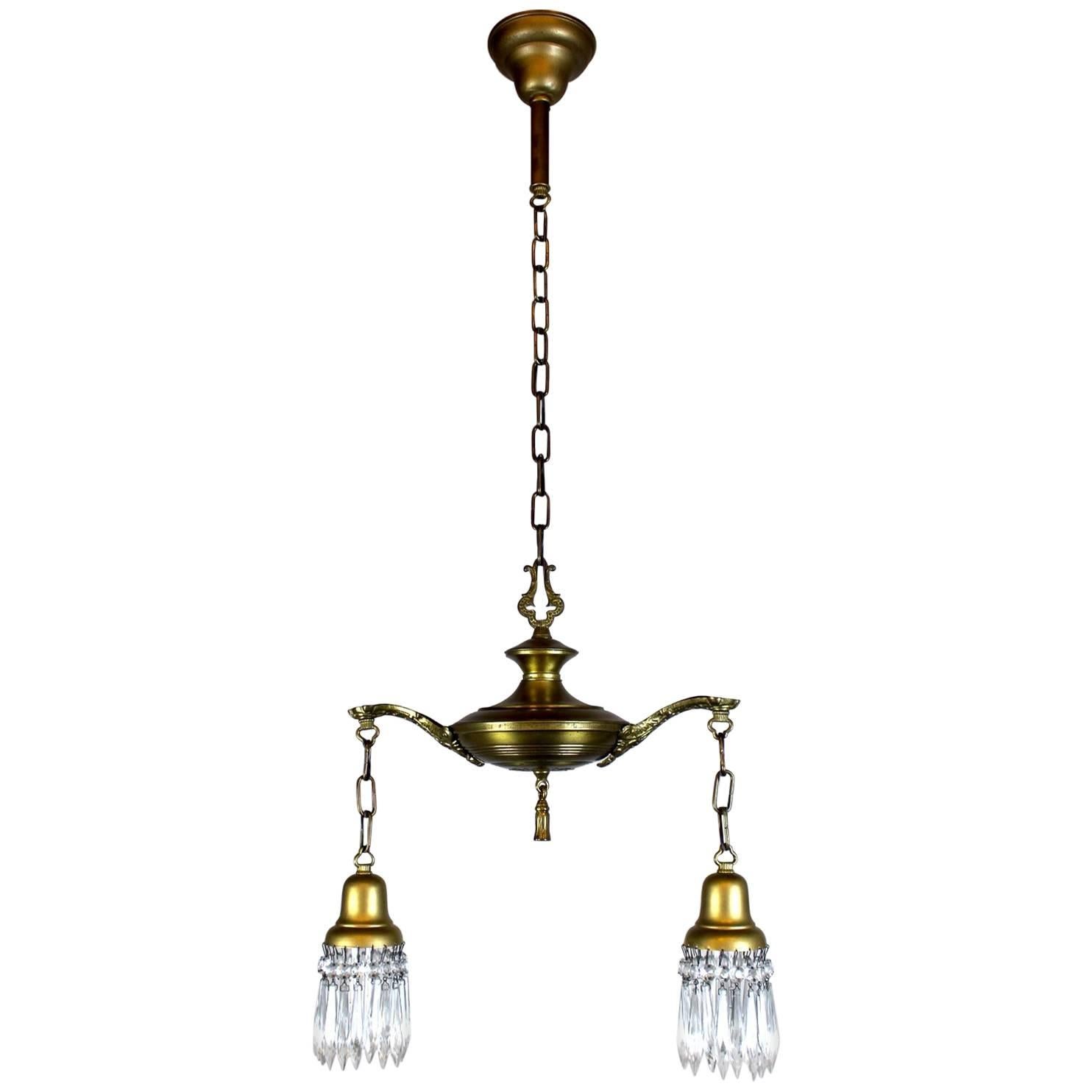 Two-Light Colonial Revival Style Pan Fixture with Crystal For Sale