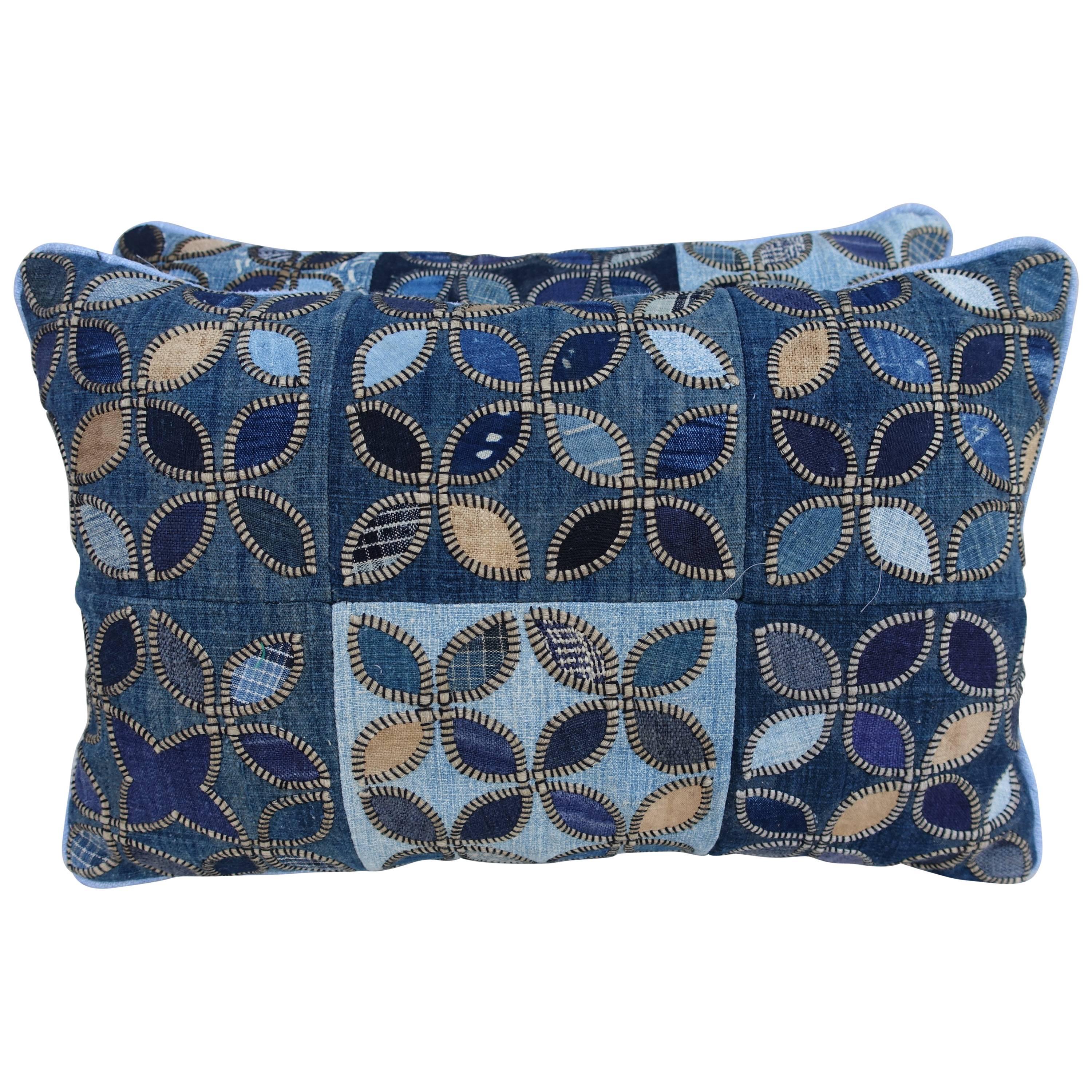 Pair of Blue Quilted Floral Pillows with Linen Backs