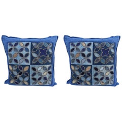 Vintage Pair of Custom Blue Quilted Square Shaped Pillows