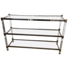 Glamorous French Three-Tier Lucite Chrome and Brass Console
