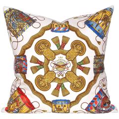 Large Used Hermes Musical Silk Scarf with Irish Linen Cushion Pillow