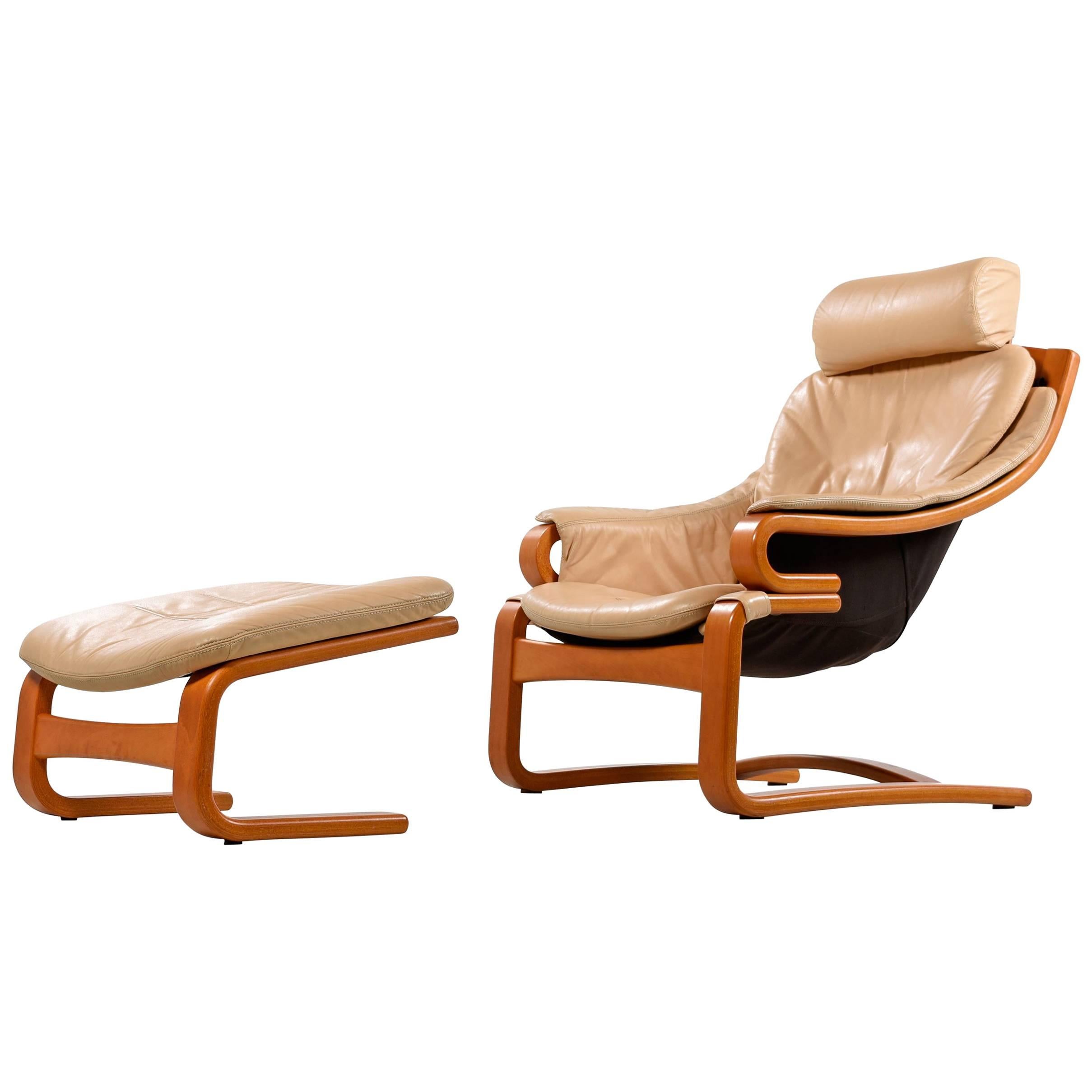 Danish Modern Skipper Mobler Teak and Leather Armchair with Ottoman, 1980s