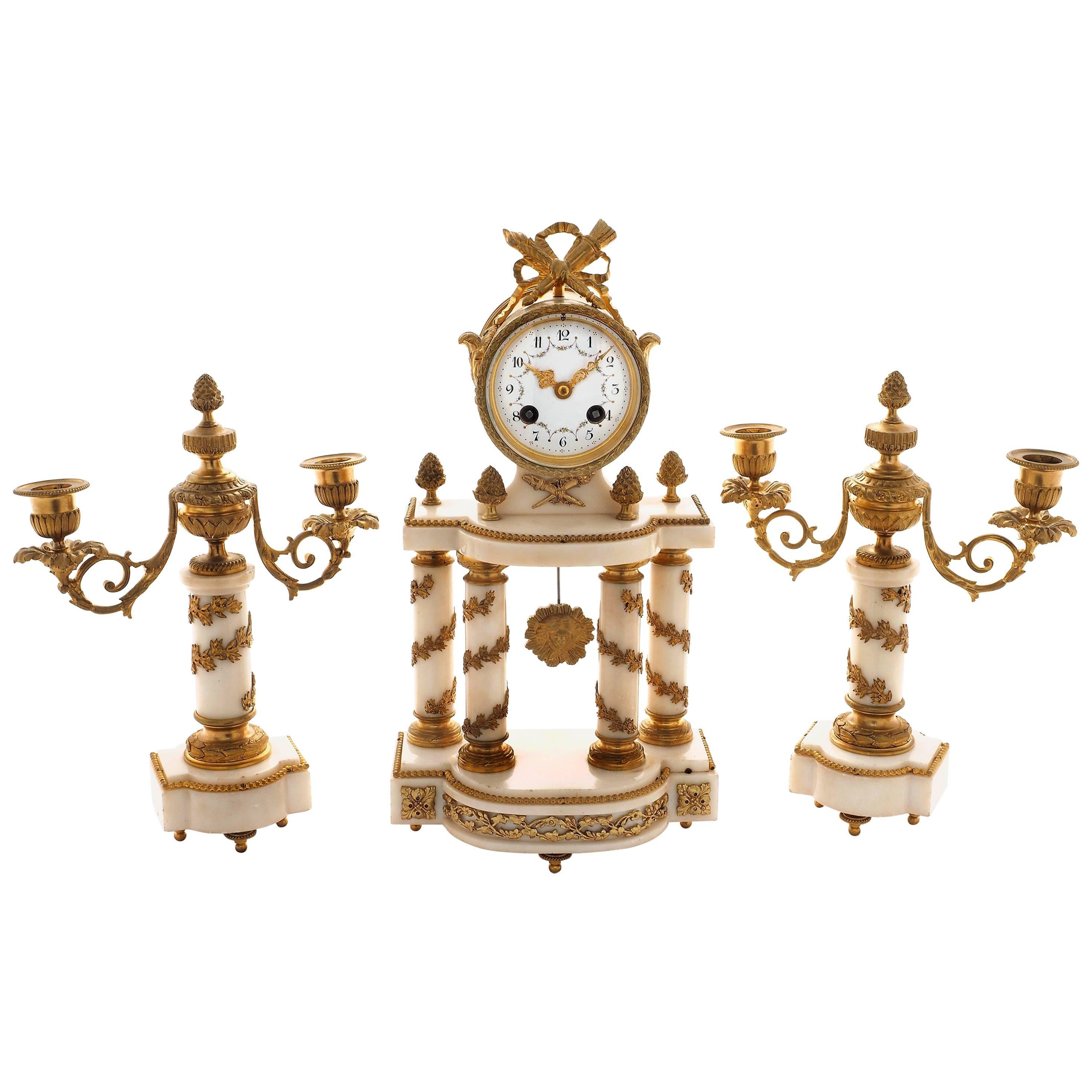 Late 19th Century, French, White Marble and Ormolu Clock Garniture For Sale