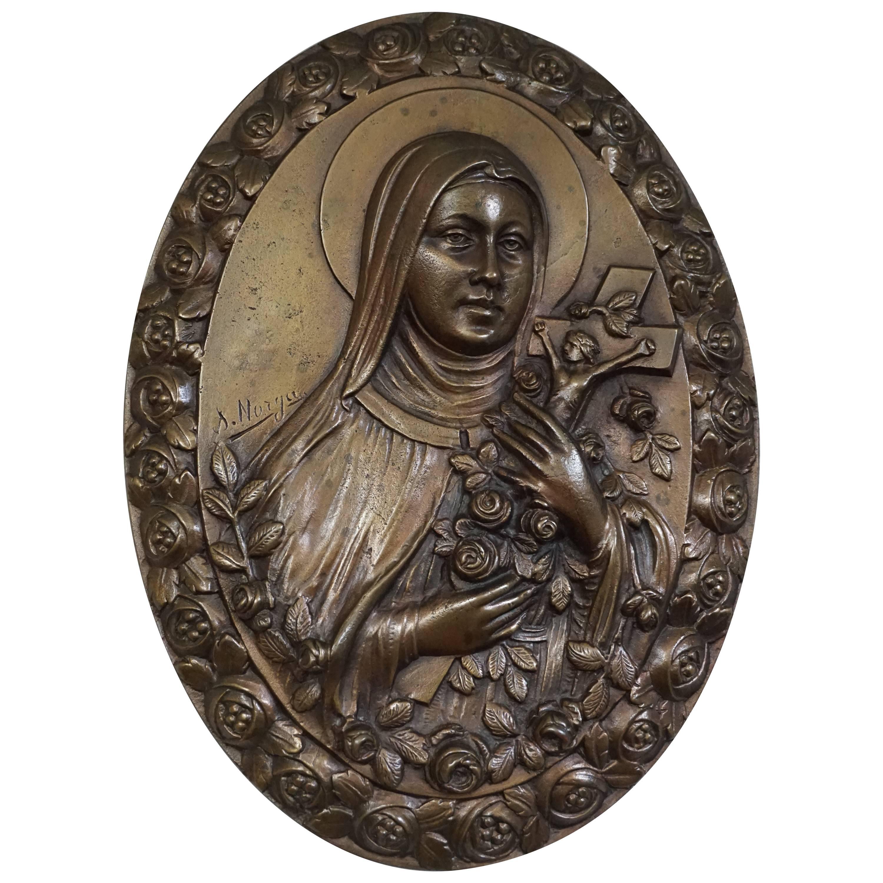 Rare Art Deco Bronze Wall Plaque of Saint Theresia of Lisieux by Sylvain Norga 