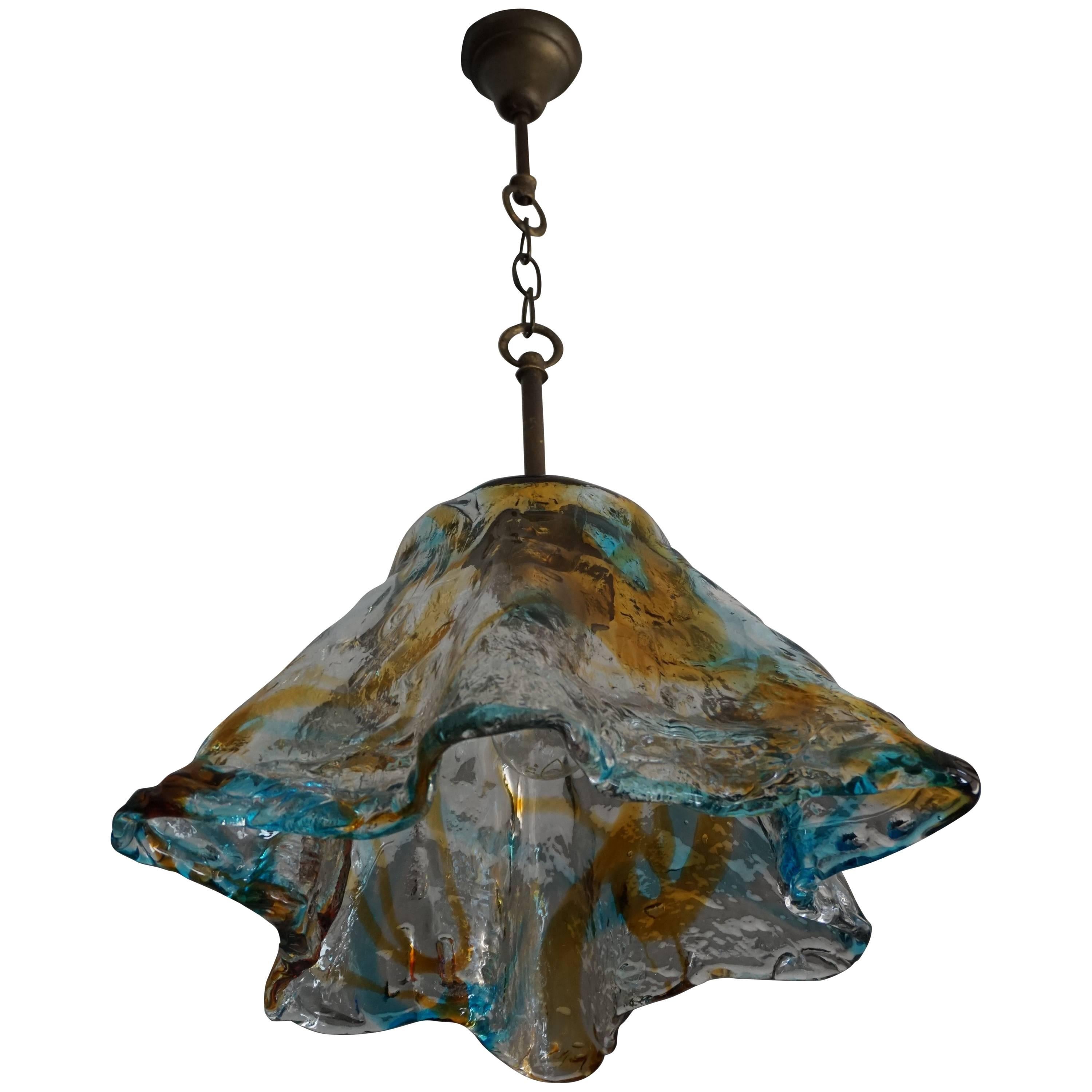 Hand-Crafted Mid-Century Thick Glass Italian Murano Pendant Great Shape & Color For Sale