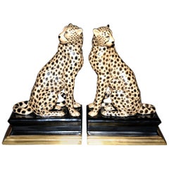 Cheetah Bookends Set of Two in Porcelain with Brass Base at