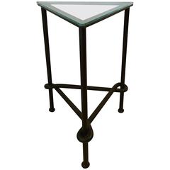 Heavy Wrought Iron and Glass Triangular Mid Century Modern Drinks Side Table