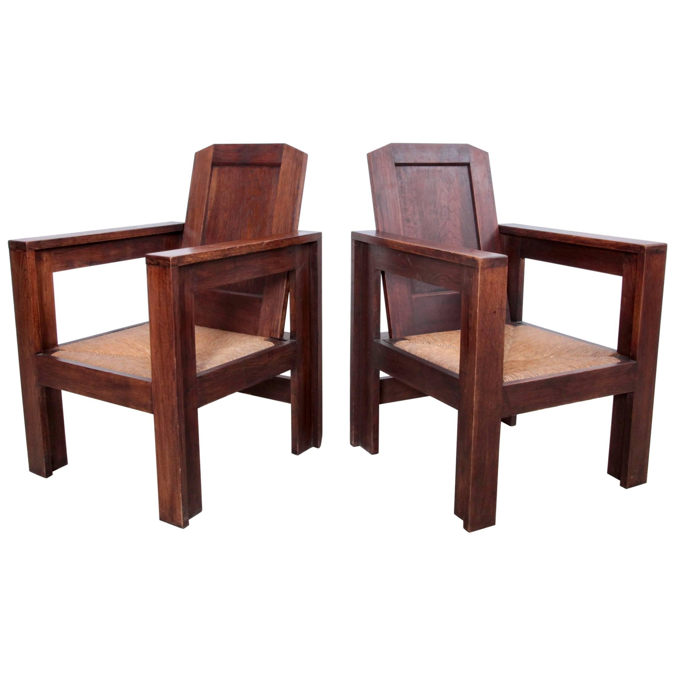 Pair of Joseph Savina Lounge Chairs in Oak, France, 1940s