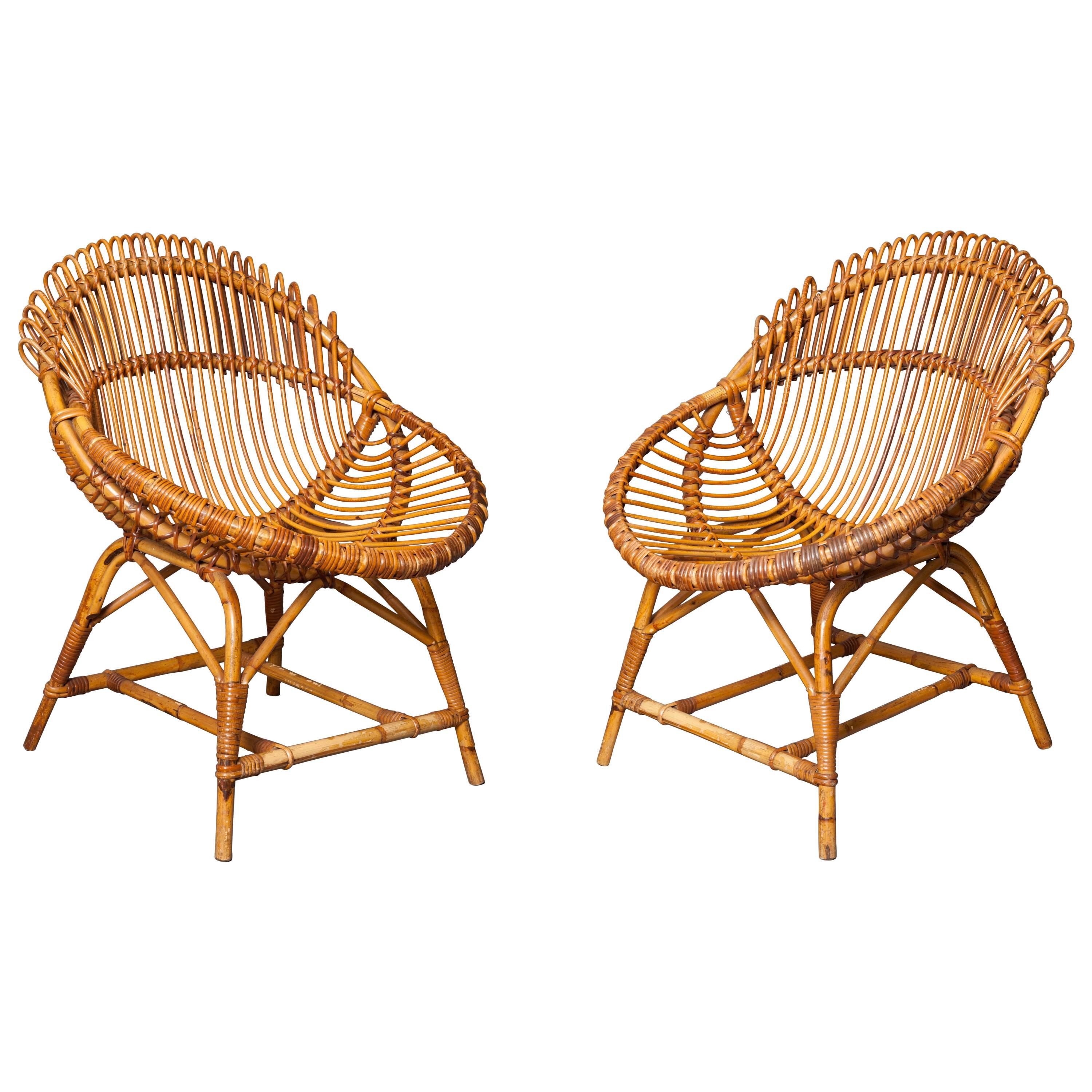 Pair of 20th Century Italian Wicker Chairs, 1960s For Sale
