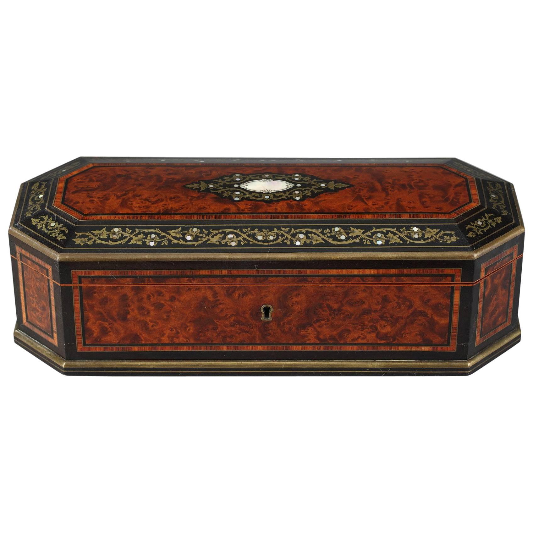 Mid-19th Century Wood Casket with Brass and Mother-of-Pearl Decoration