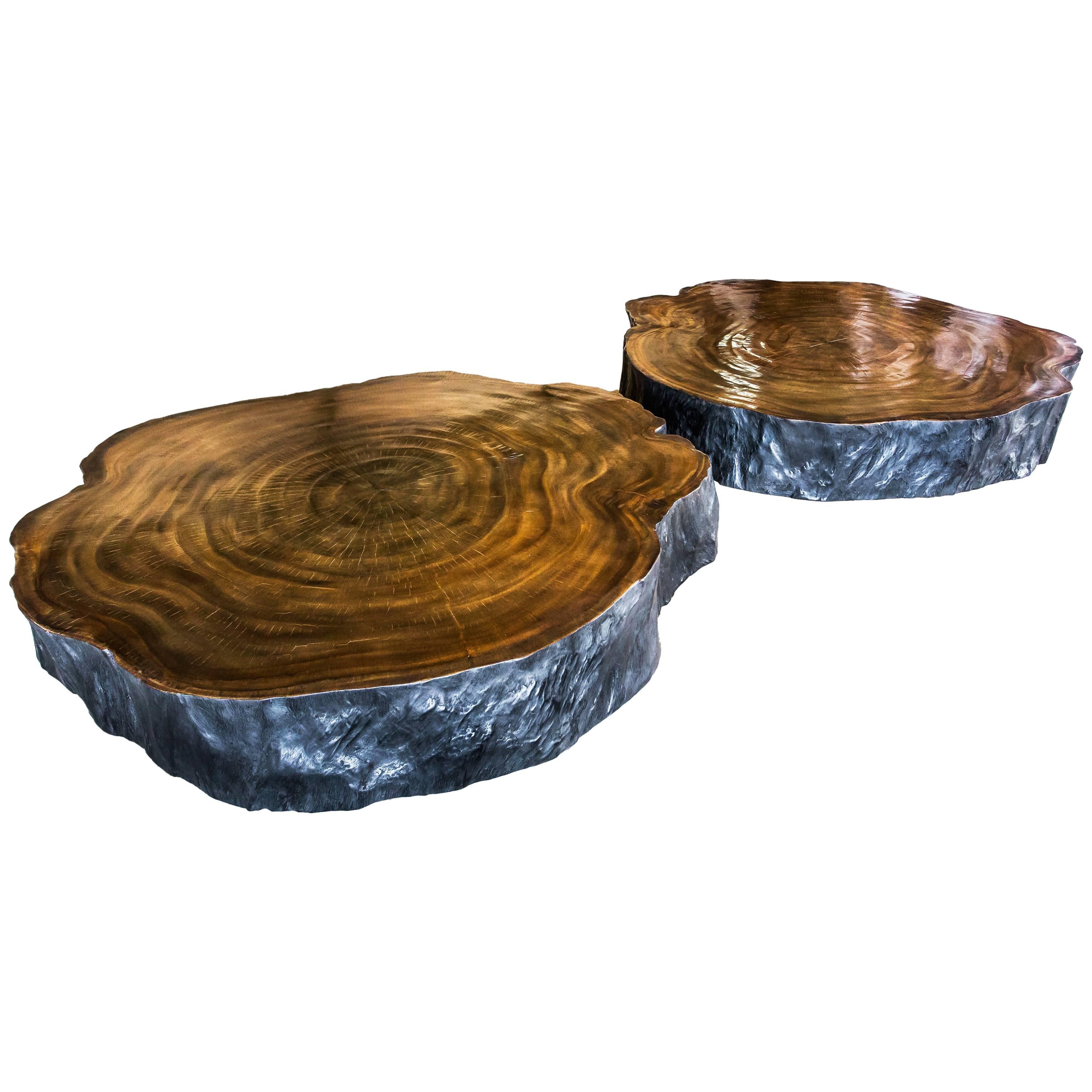 Pair of Round Burnt and Natural Coffee Table For Sale
