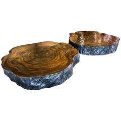Pair of Round Burnt and Natural Coffee Table