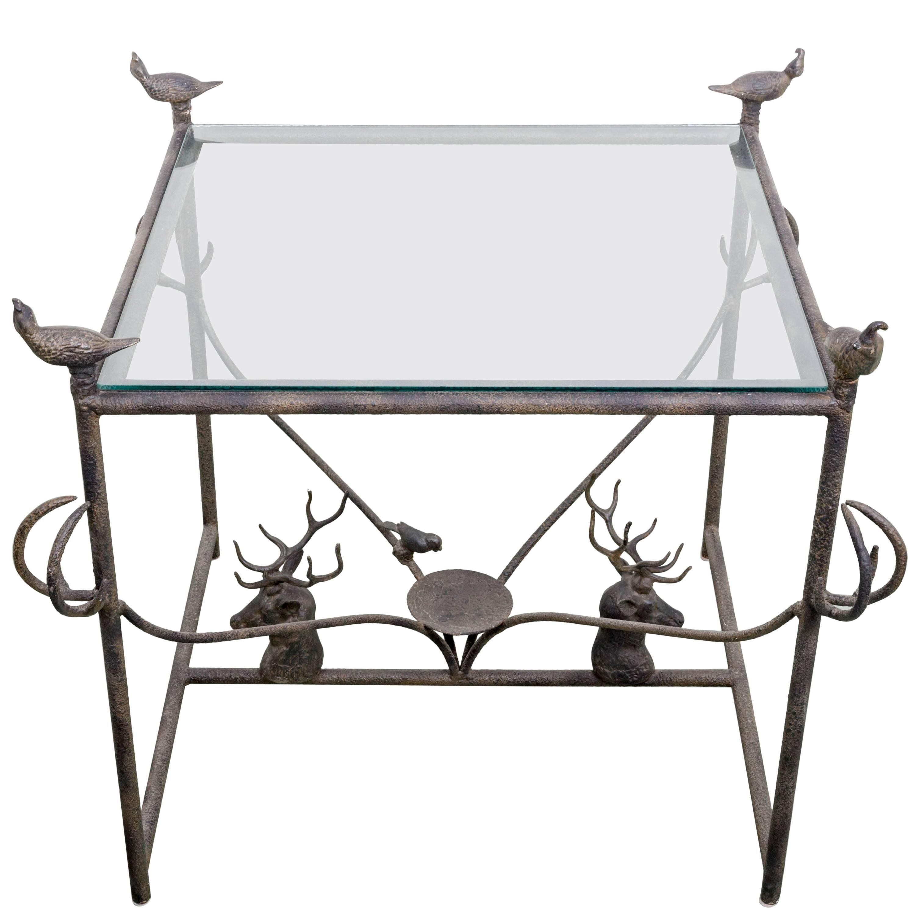 Decorative Metal Side Table with Quail and Stag Head Motifs
