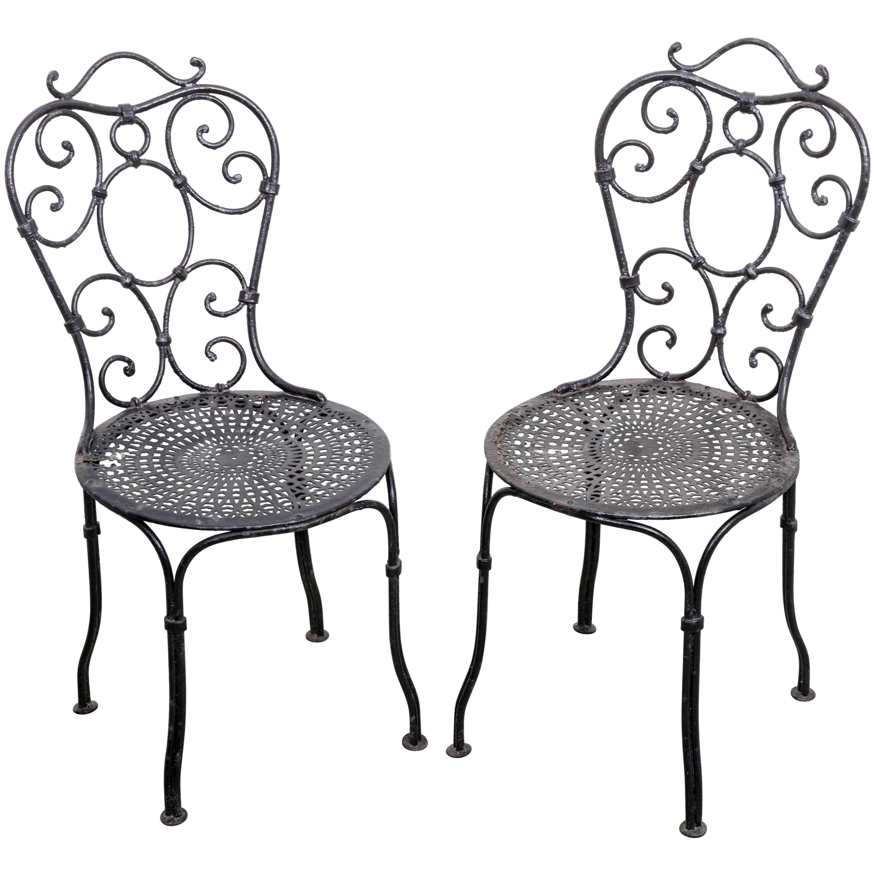 Early Pair of 19th Century French Wrought Iron Garden Chairs For Sale
