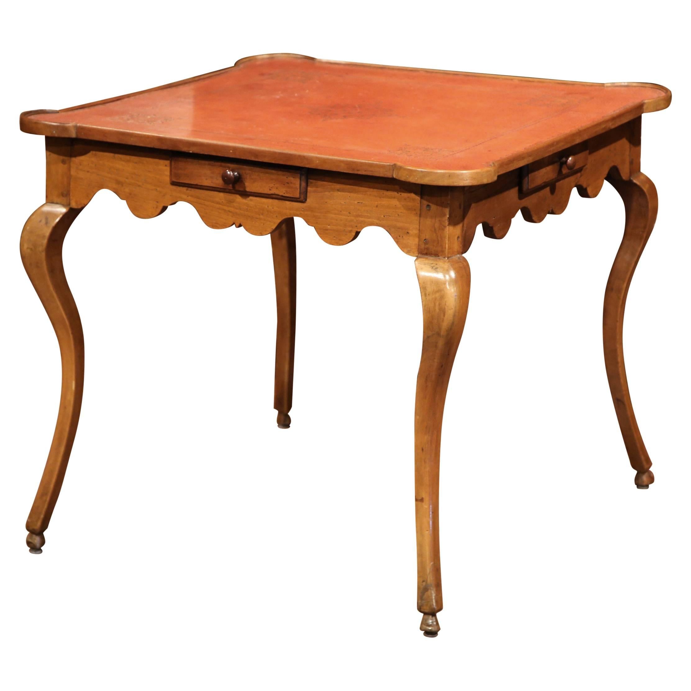 Mid-19th Century, French, Louis XV Walnut Game Table with Red Leather Top
